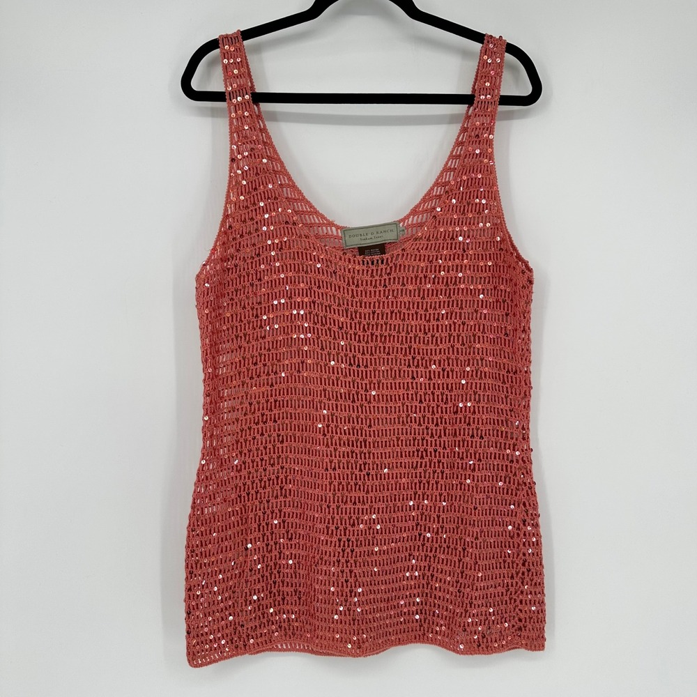 Double D Ranch Sleeveless Knit Seauin Tank Top Coral Pink Western Cowgirl Boho L